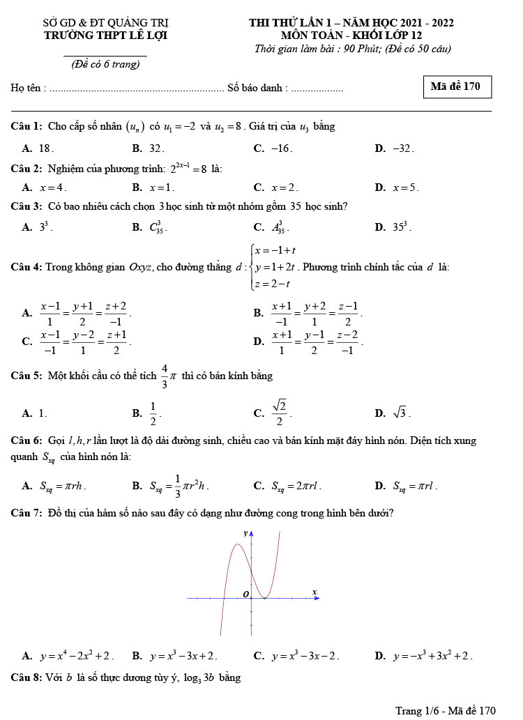 Đề thi thử THPT Quốc gia 2022 môn Toán THPT Lê Lợi – Quảng Trị (lần 1)