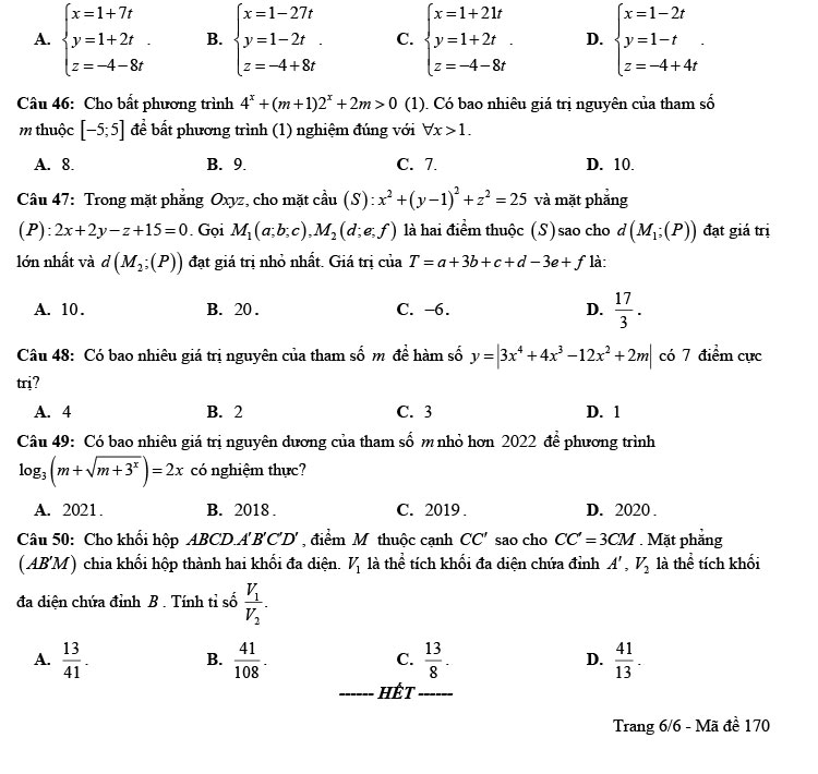 Đề thi thử THPT Quốc gia 2022 môn Toán THPT Lê Lợi – Quảng Trị (lần 1)
