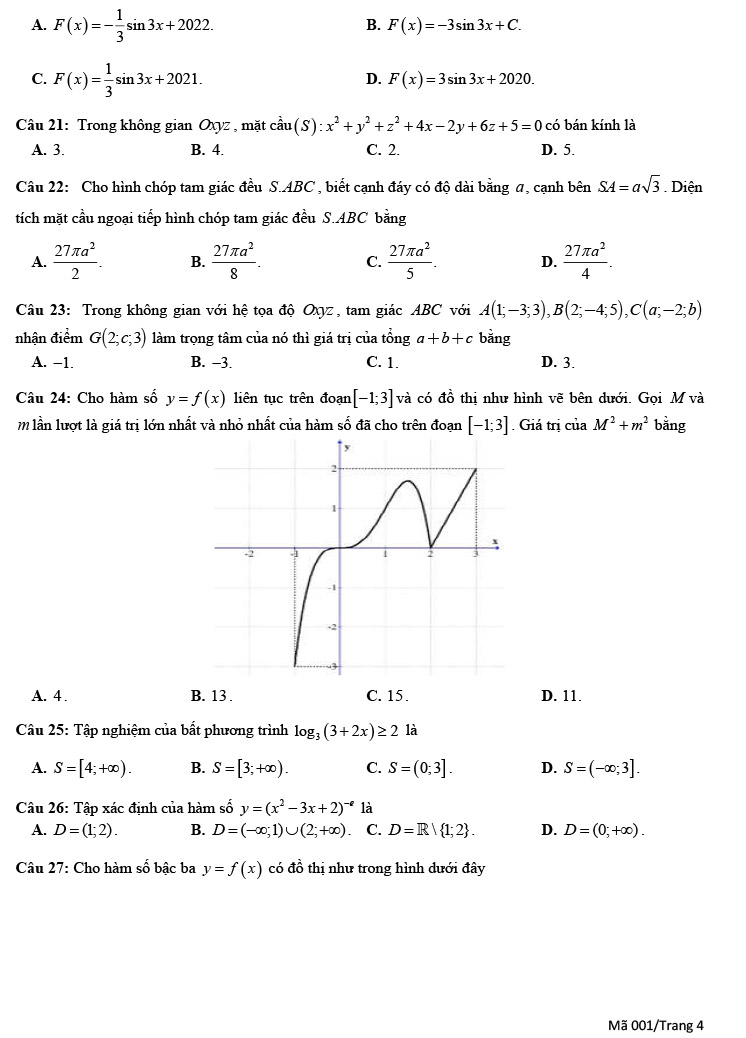 Đề thi thử THPT Quốc gia 2022 môn Toán Trần Quốc Tuấn lần 1