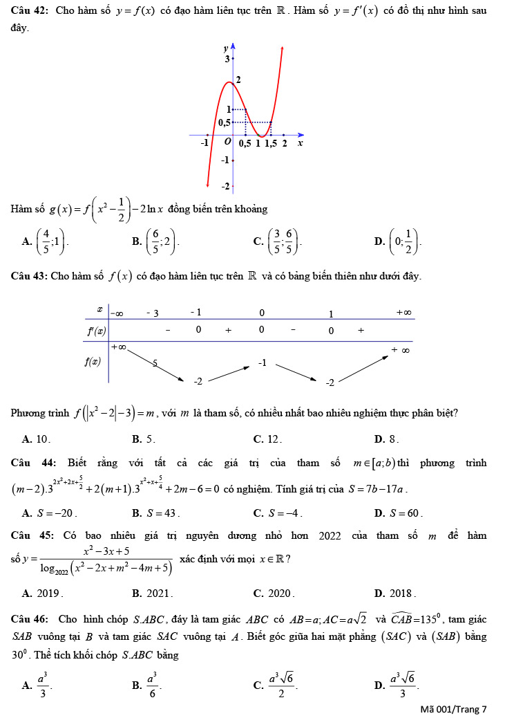 Đề thi thử THPT Quốc gia 2022 môn Toán Trần Quốc Tuấn lần 1