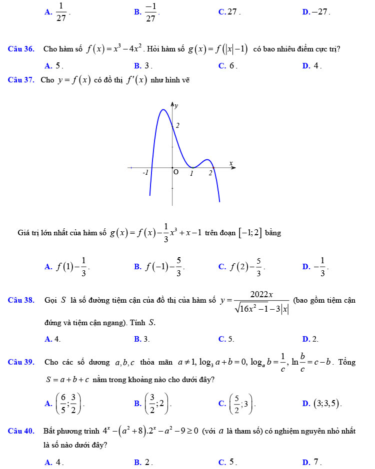 Đề thi thử THPT Quốc gia 2022 môn Toán Xuân Đỉnh