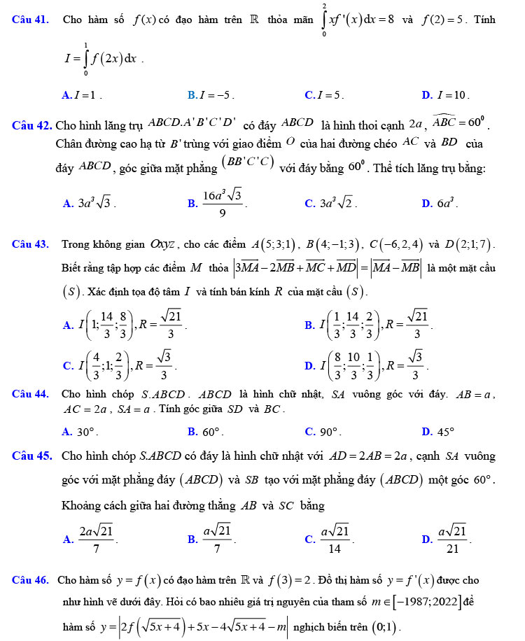 Đề thi thử THPT Quốc gia 2022 môn Toán Xuân Đỉnh