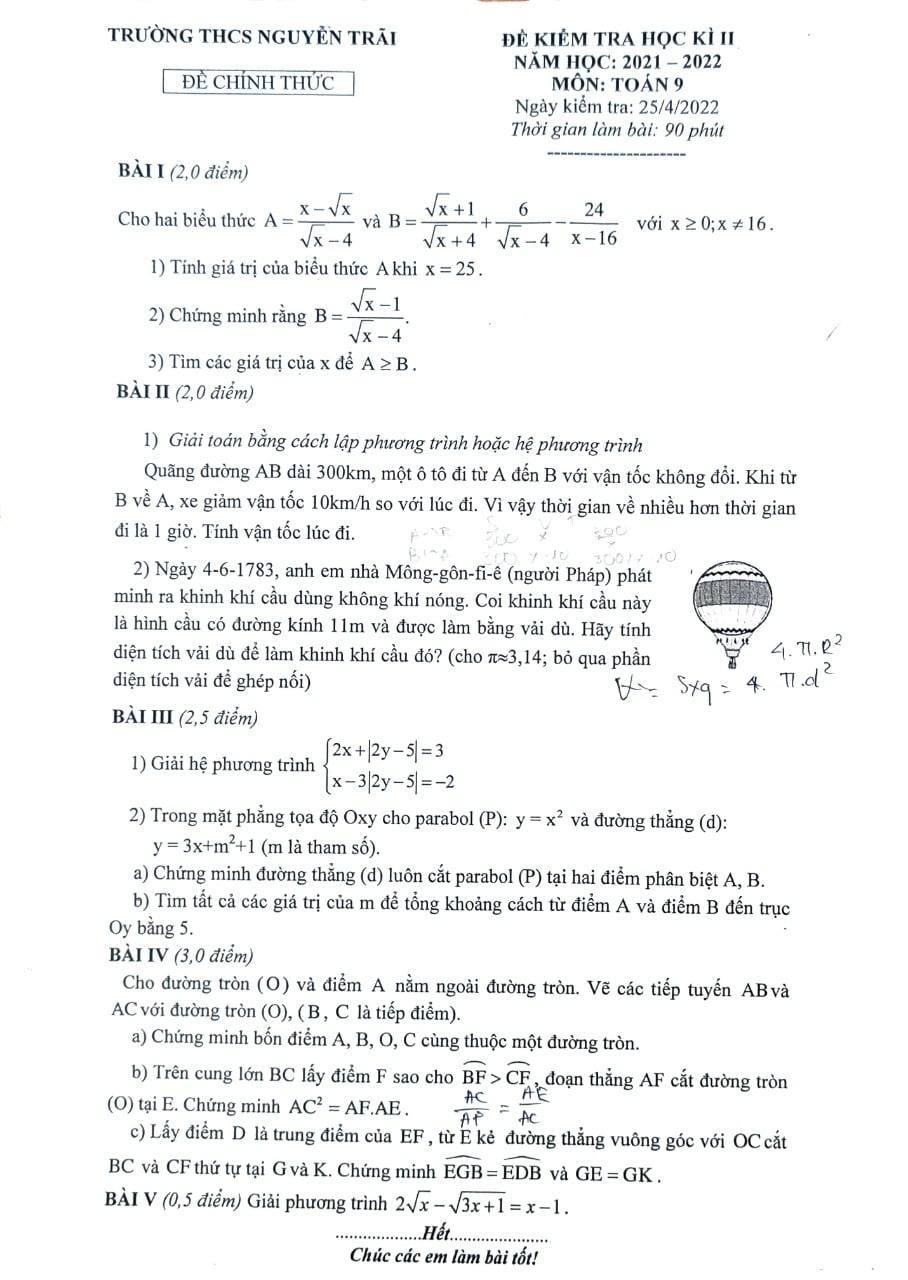 Đề thi học kì 2 Toán 9