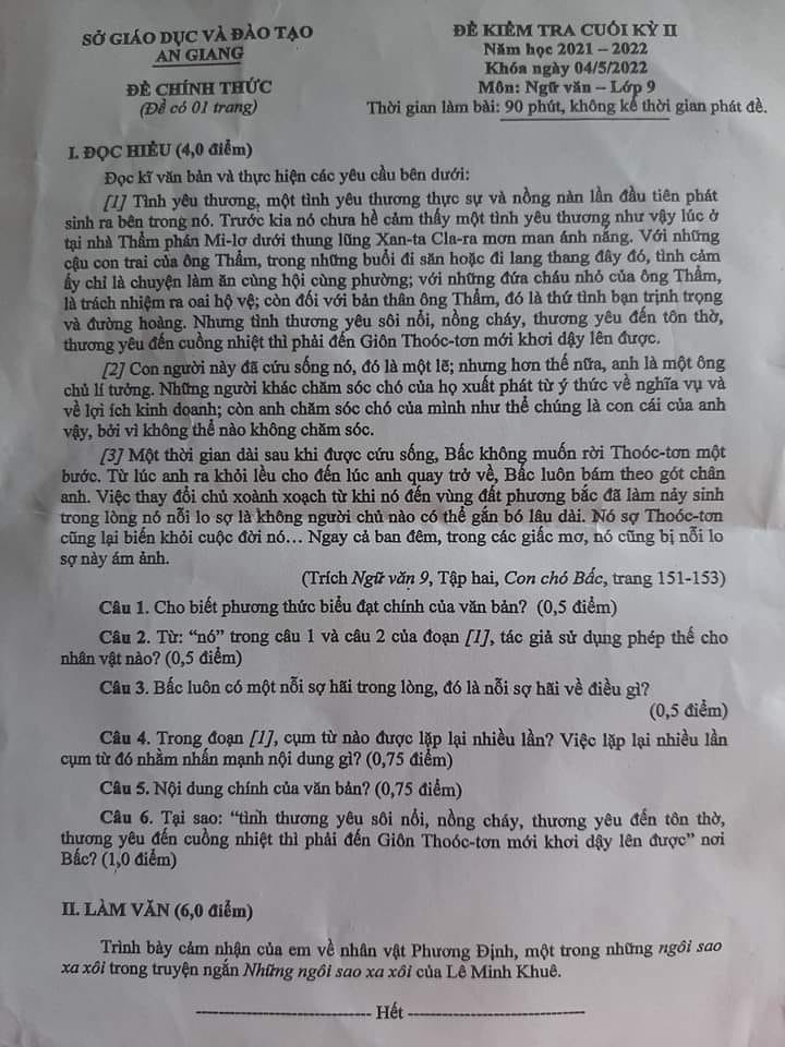 Đề thi Văn học kì 2 lớp 9