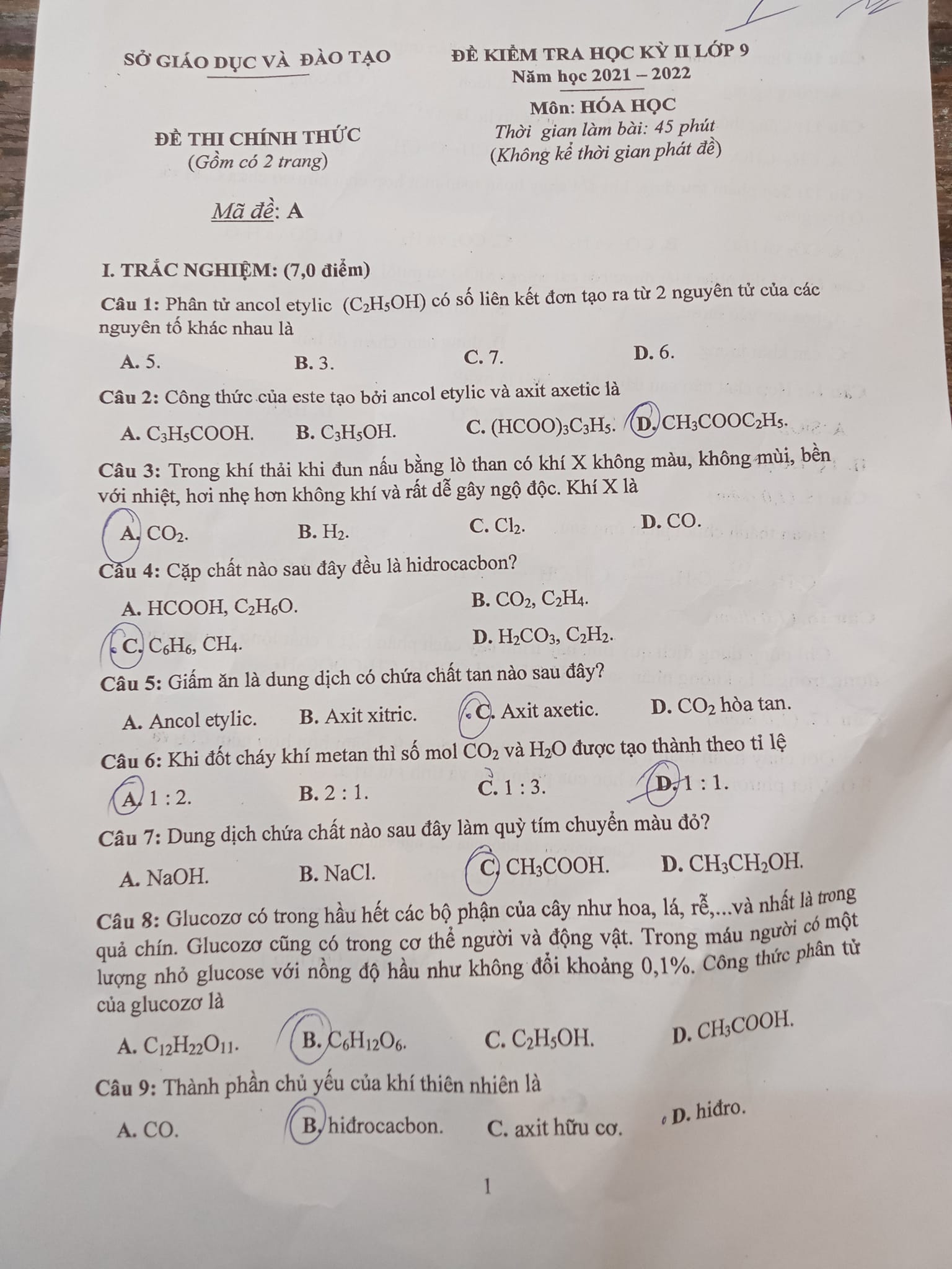 Đề thi học kì 2 lớp 9 môn Hóa