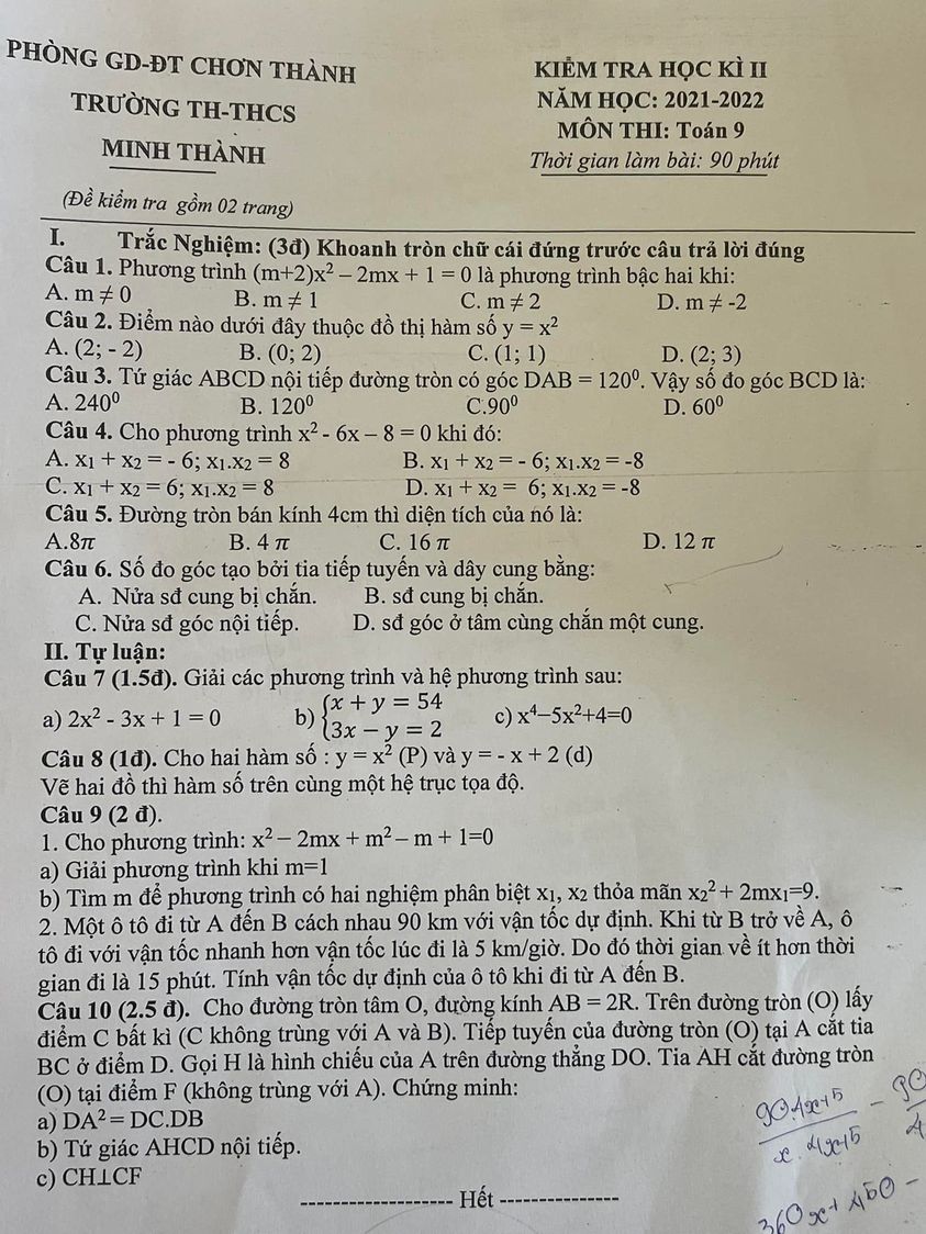 Đề thi học kì 2 lớp 9 môn Toán