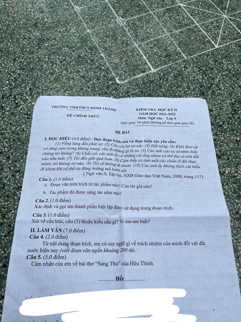 Đề thi học kì 2 lớp 9 môn Văn