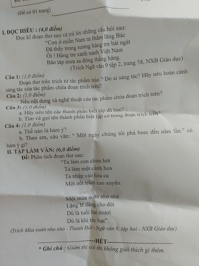 Đề thi học kì 2 lớp 9 môn Văn