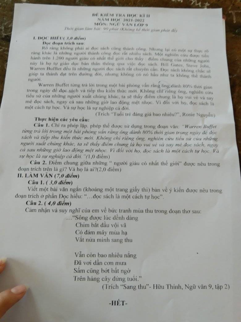 Đề thi học kì 2 lớp 9 môn Văn