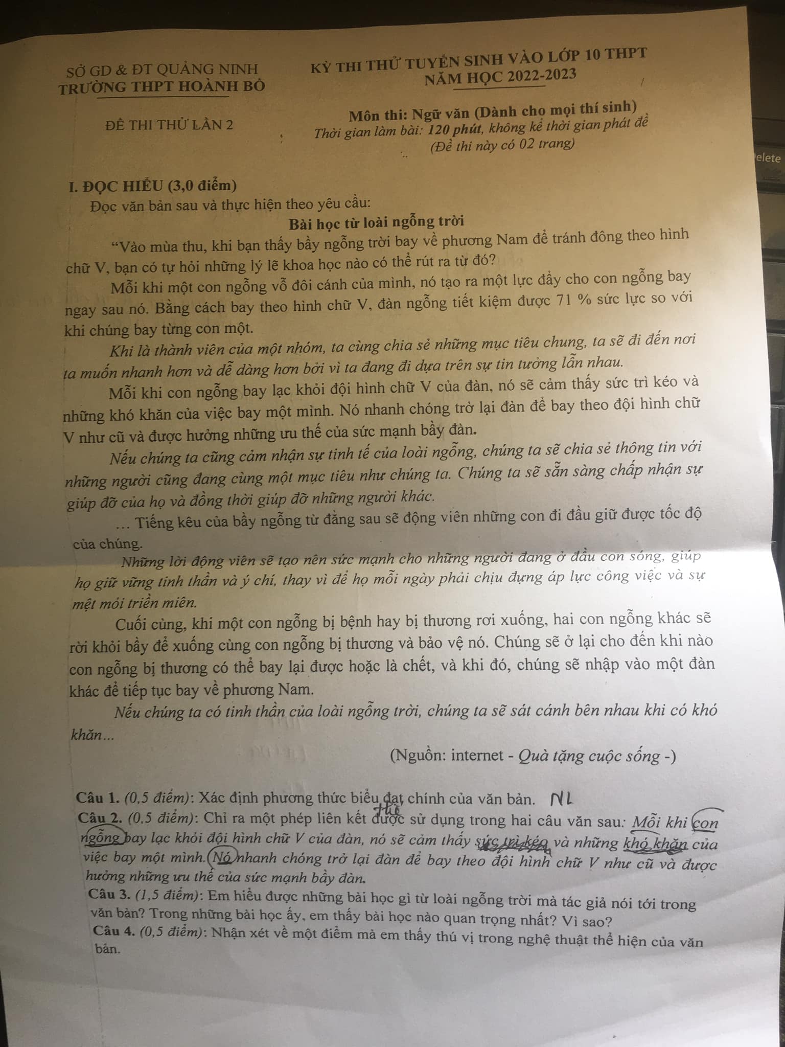 Đề thi thử vào lớp 10 môn Văn
