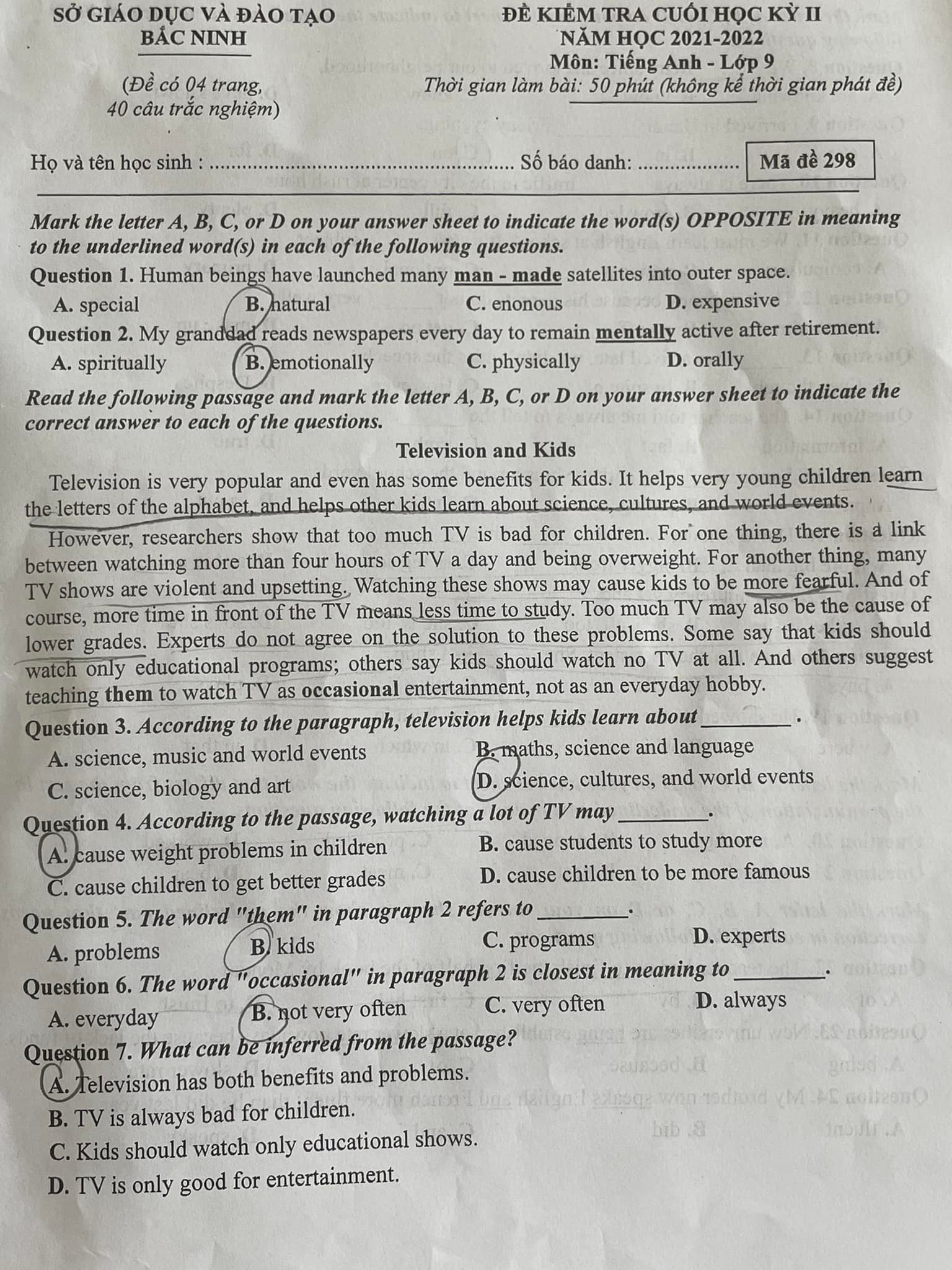 Đề thi học kì 2 tiếng Anh 9