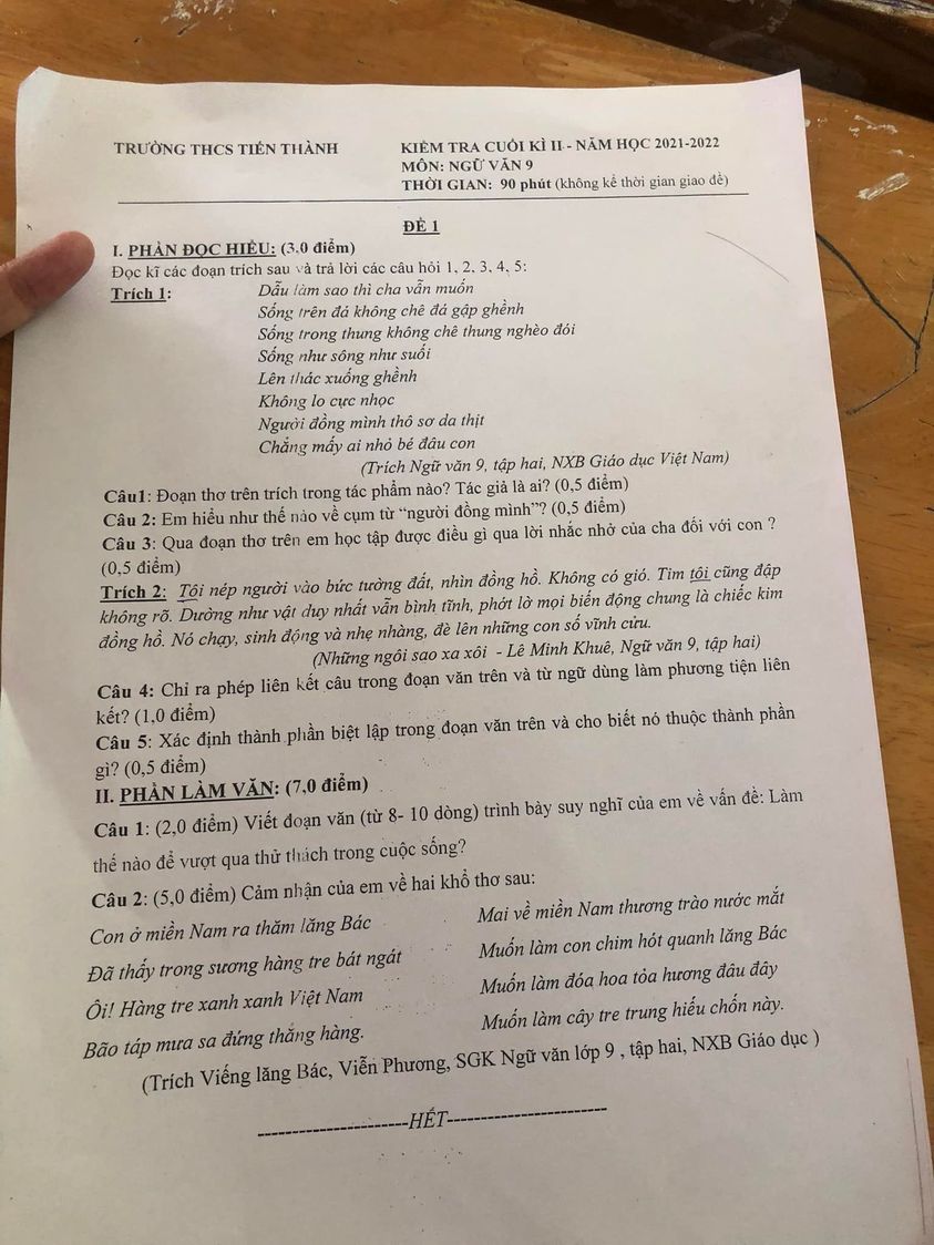 Đề thi cuối kì 2 môn Văn lớp 9
