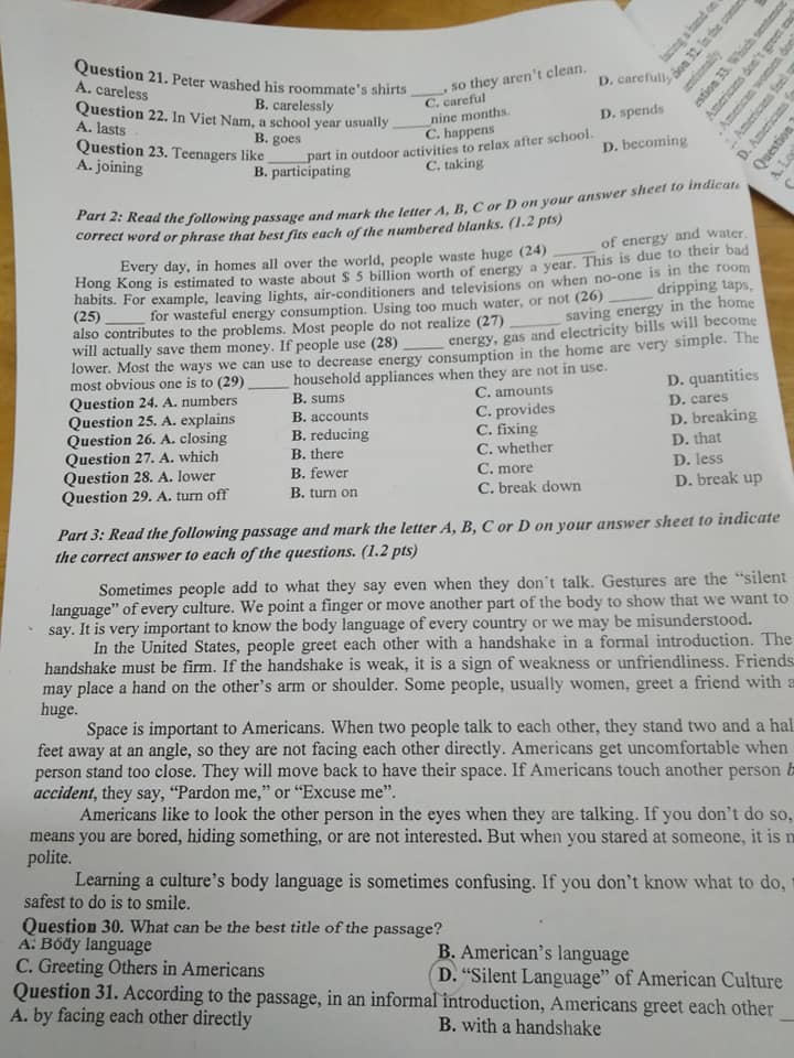 Đề thi học kì 2 môn Anh lớp 9