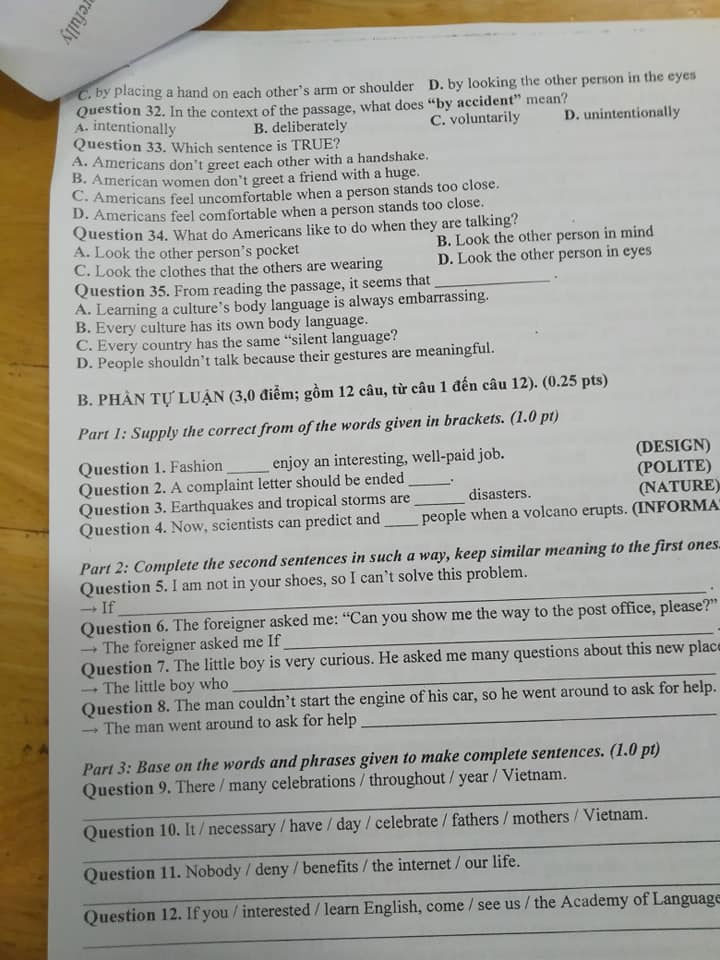 Đề thi học kì 2 môn Anh lớp 9