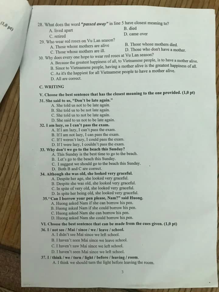 Đề thi học kì lớp 9 môn Anh