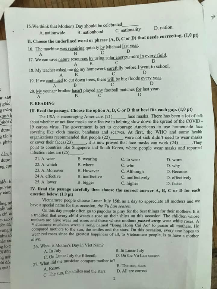 Đề thi học kì lớp 9 môn Anh