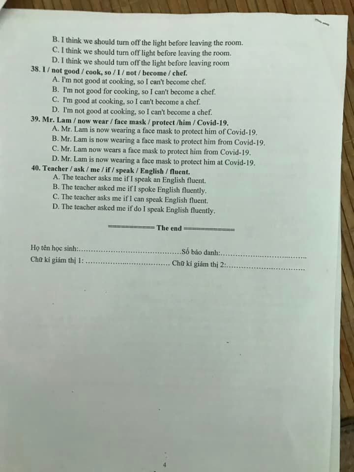 Đề thi học kì lớp 9 môn Anh