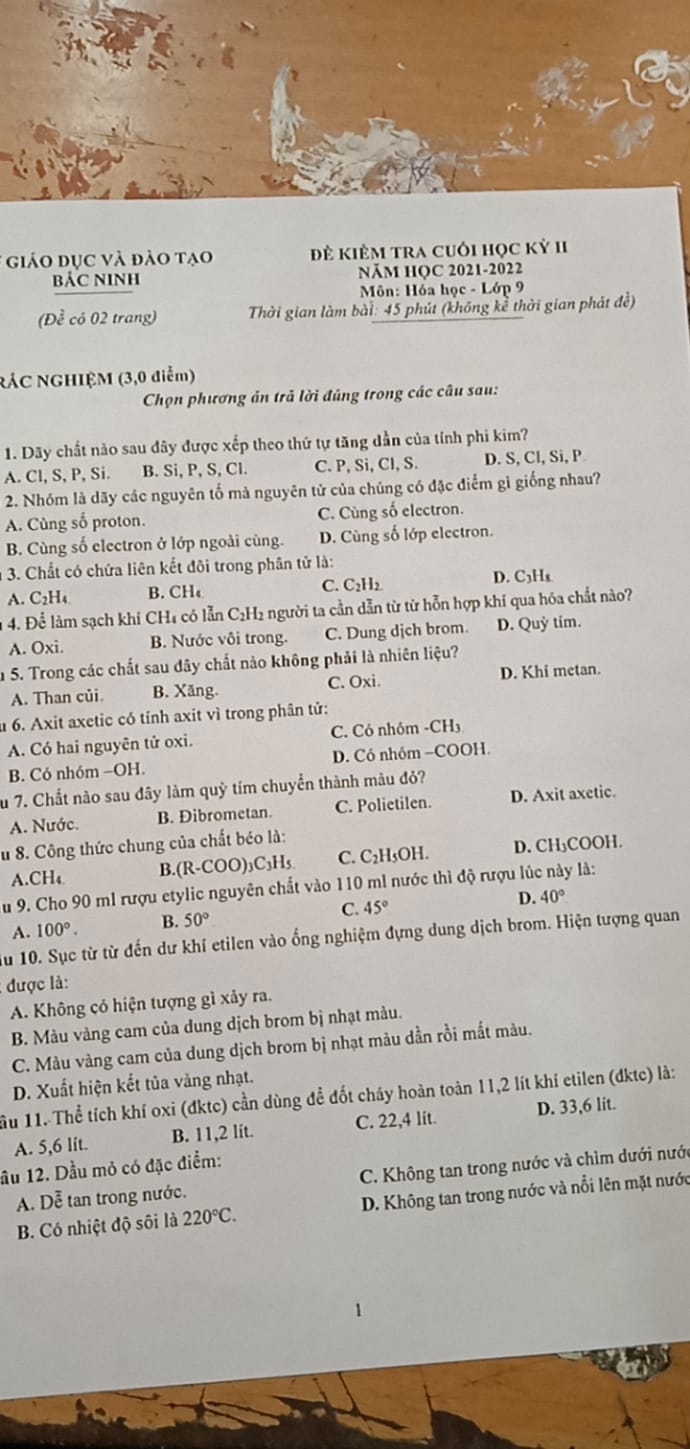 Đề thi học kì 2 lớp 9 môn Hóa