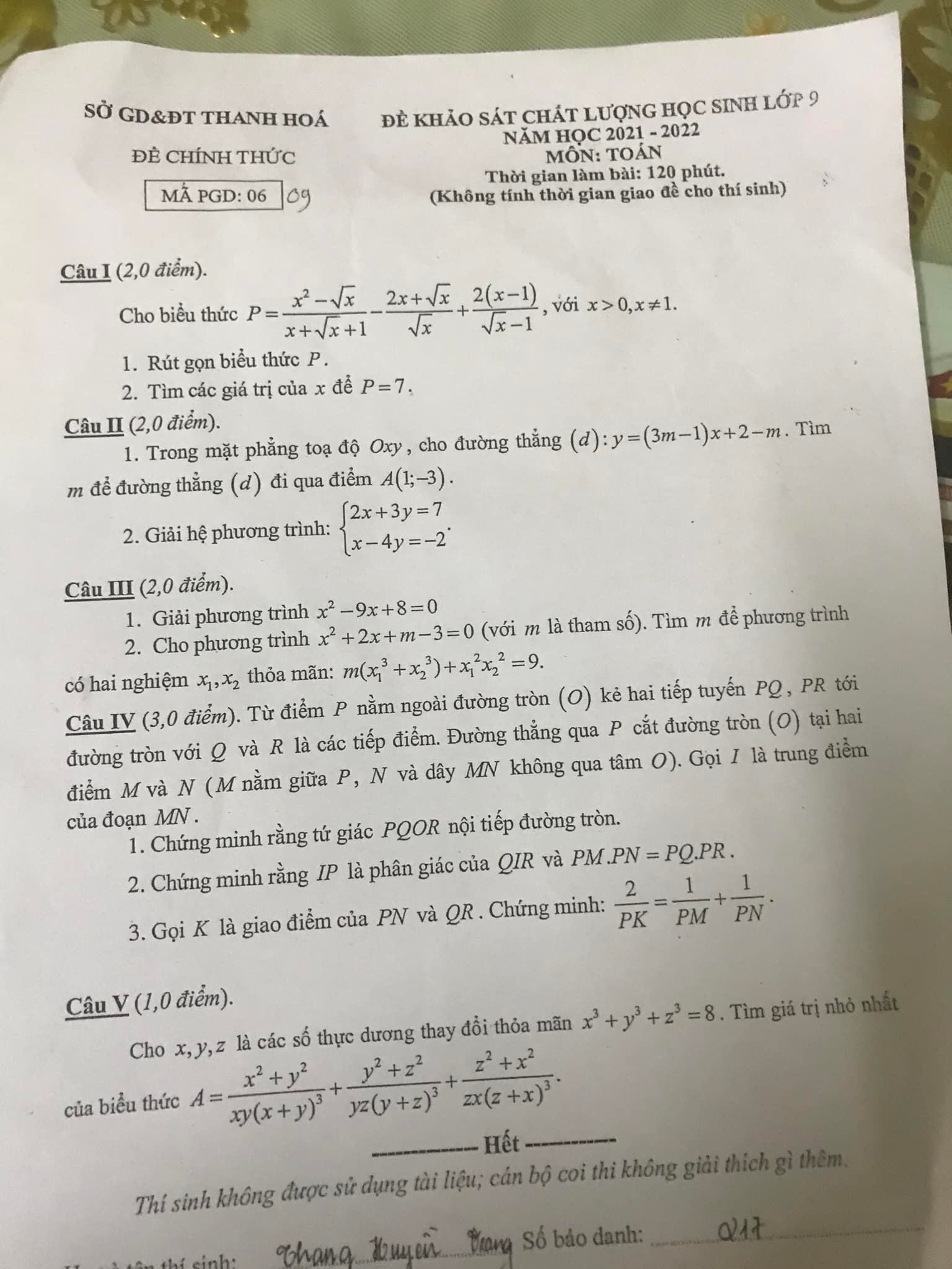 Đề thi thử môn Toán 9 lên 10