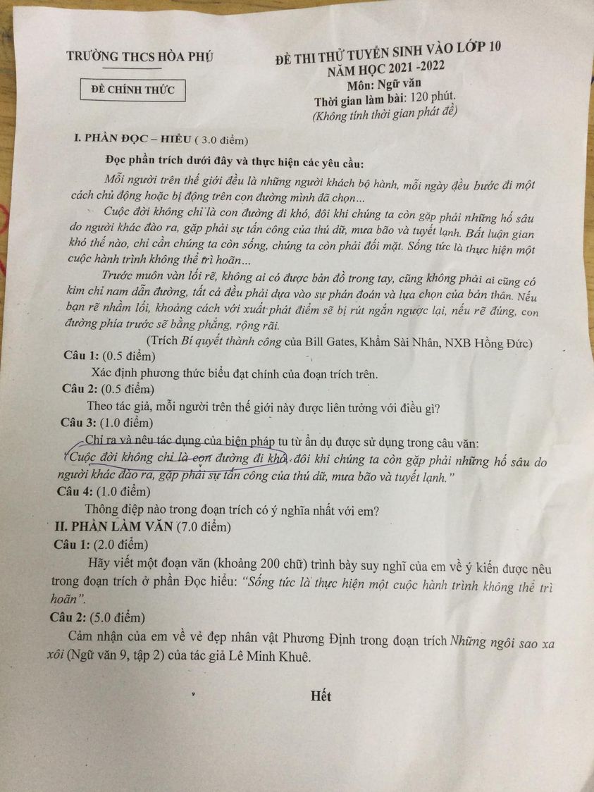 Đề thi thử Ngữ văn 9 lên 10