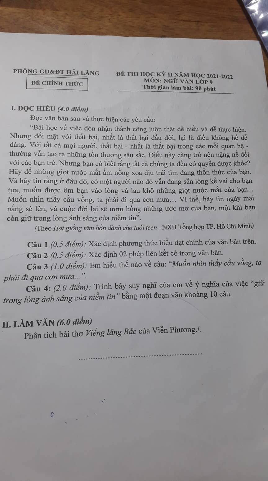 Đề thi học kì 2 môn Văn lớp 9