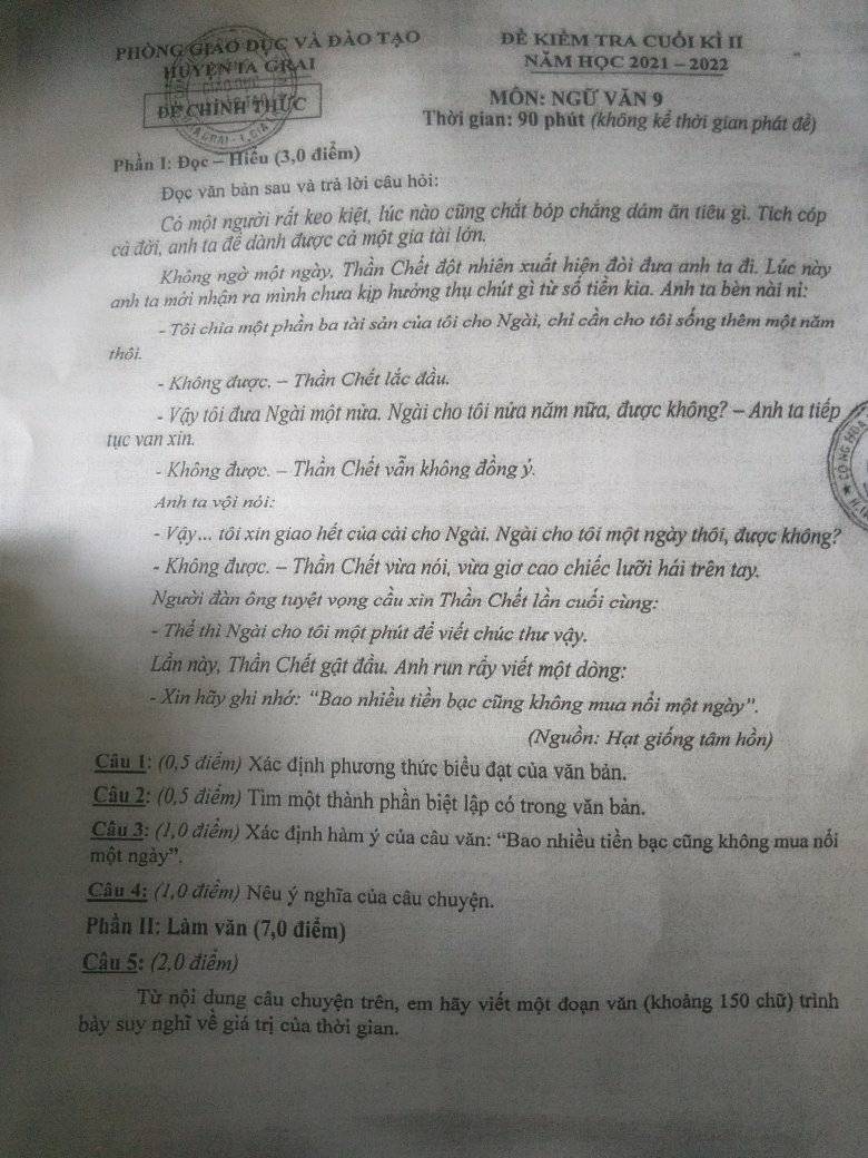 Đề thi học kì 2 lớp 9 môn Văn