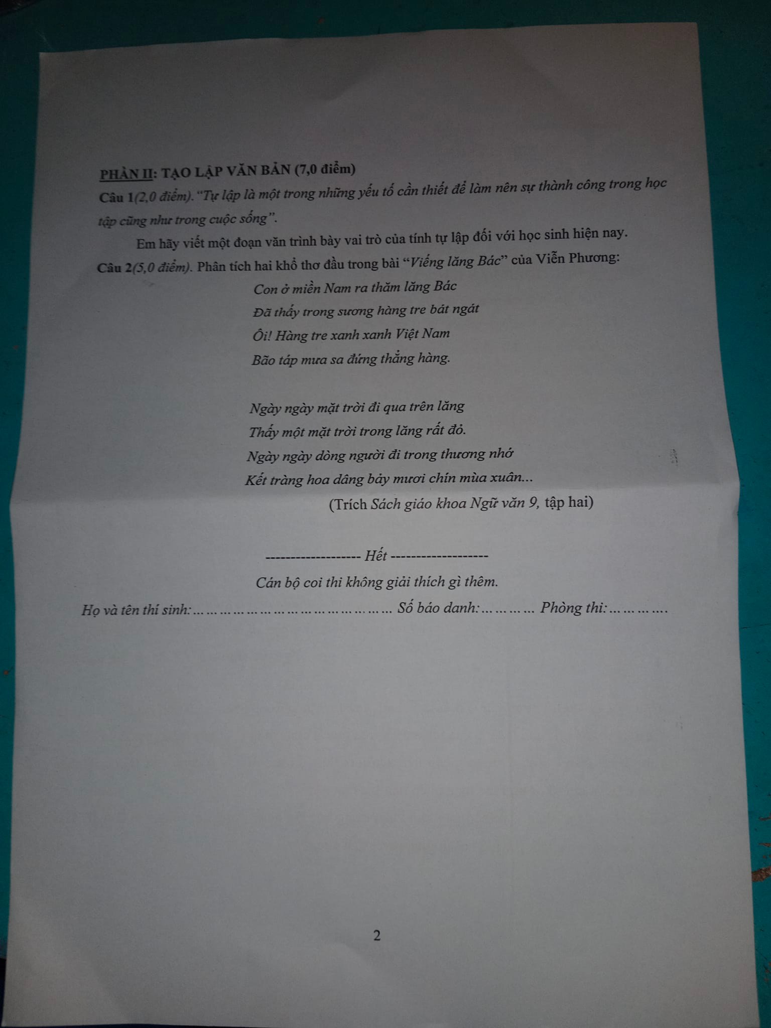 Đề thi học kì 2 môn Văn 9