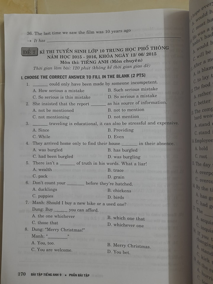 Đề ôn thi Tiếng Anh vào lớp 10
