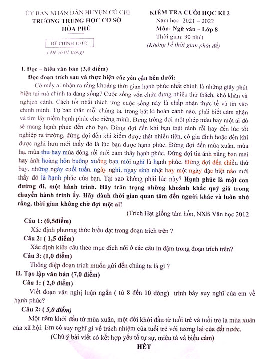 Đề thi Văn 8 học kì 2 Trường THCS Hòa Phú năm 2021 - 2022