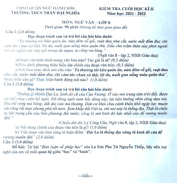 Đề thi Văn 8 học kì 2 Trường THCS Trần Đại Nghĩa - Đà Nẵng năm 2021 - 2022