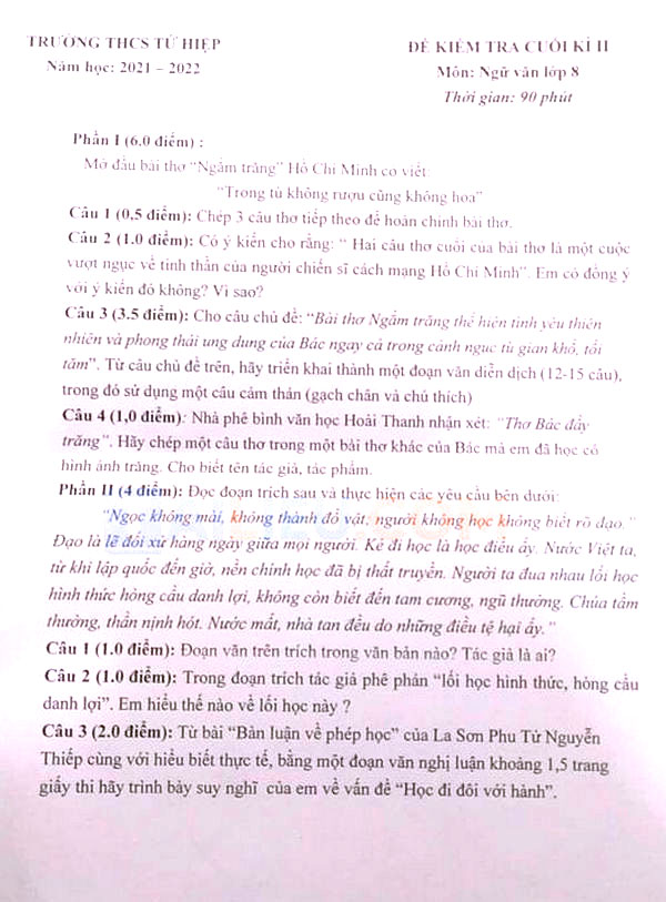 Đề thi Văn 8 học kì 2 Trường THCS Tứ Hiệp năm 2021 - 2022