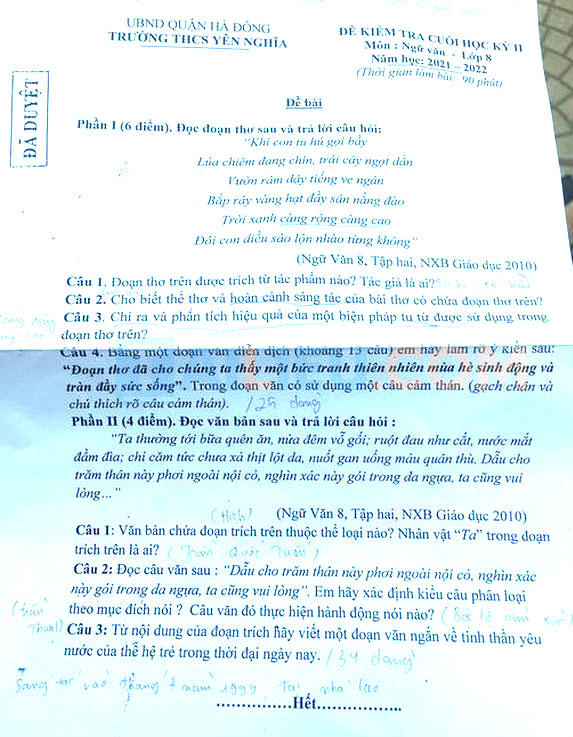 Đề thi Văn 8 học kì 2 Trường THCS Yên Nghĩa - Hà Nội năm 2021 - 2022