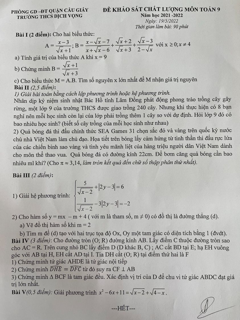 Đề thi thử vào lớp 10 môn Toán