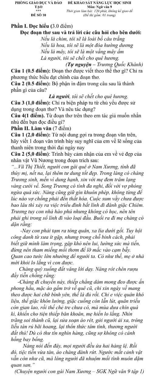 Đề thi thử vào lớp 10 môn Văn