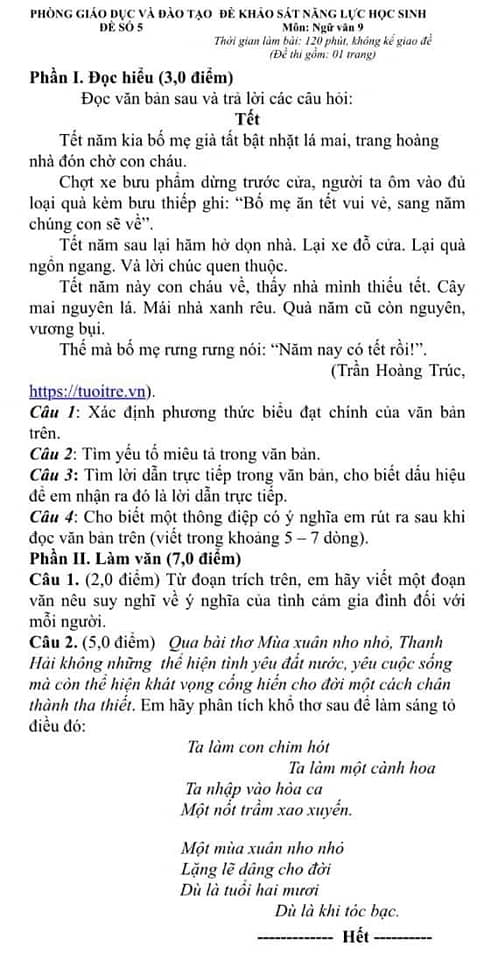 Đề thi thử vào lớp 10 môn Văn