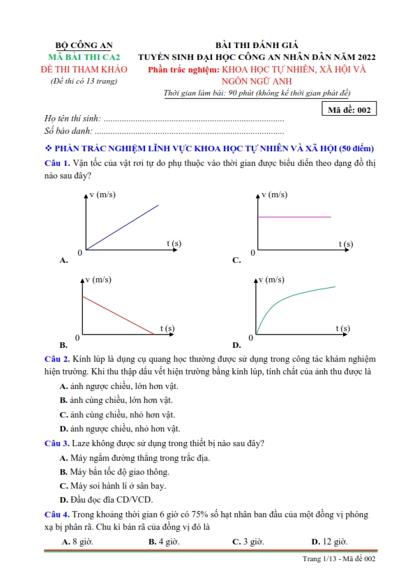 Đề thi đánh giá năng lực năm 2022