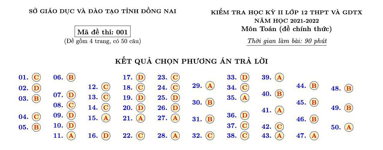 Đề thi học kì 2 Toán 12 Sở GD&ĐT Tỉnh Đồng Nai năm 2021 - 2022