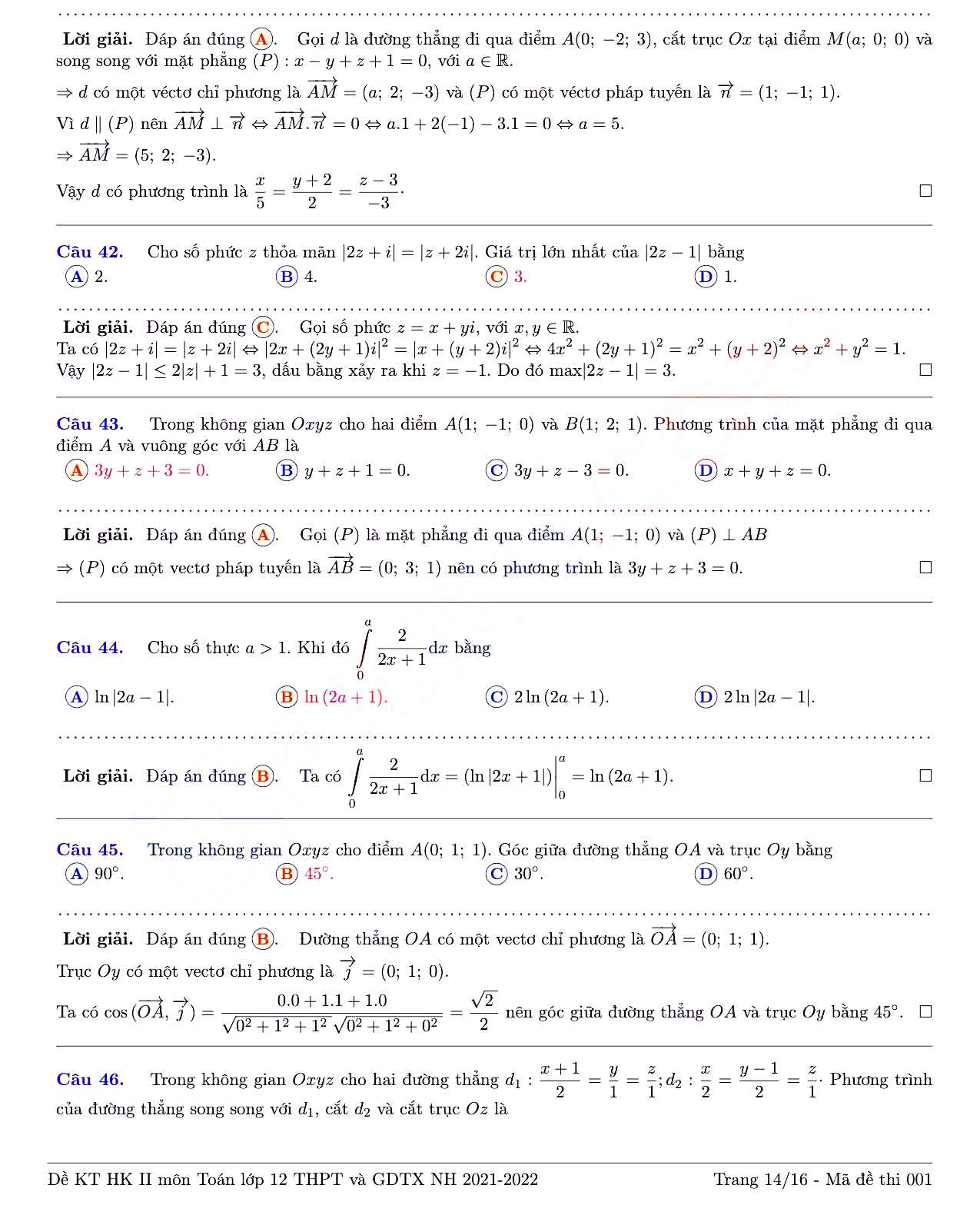 Đề thi học kì 2 Toán 12 Sở GD&ĐT Tỉnh Đồng Nai năm 2021 - 2022