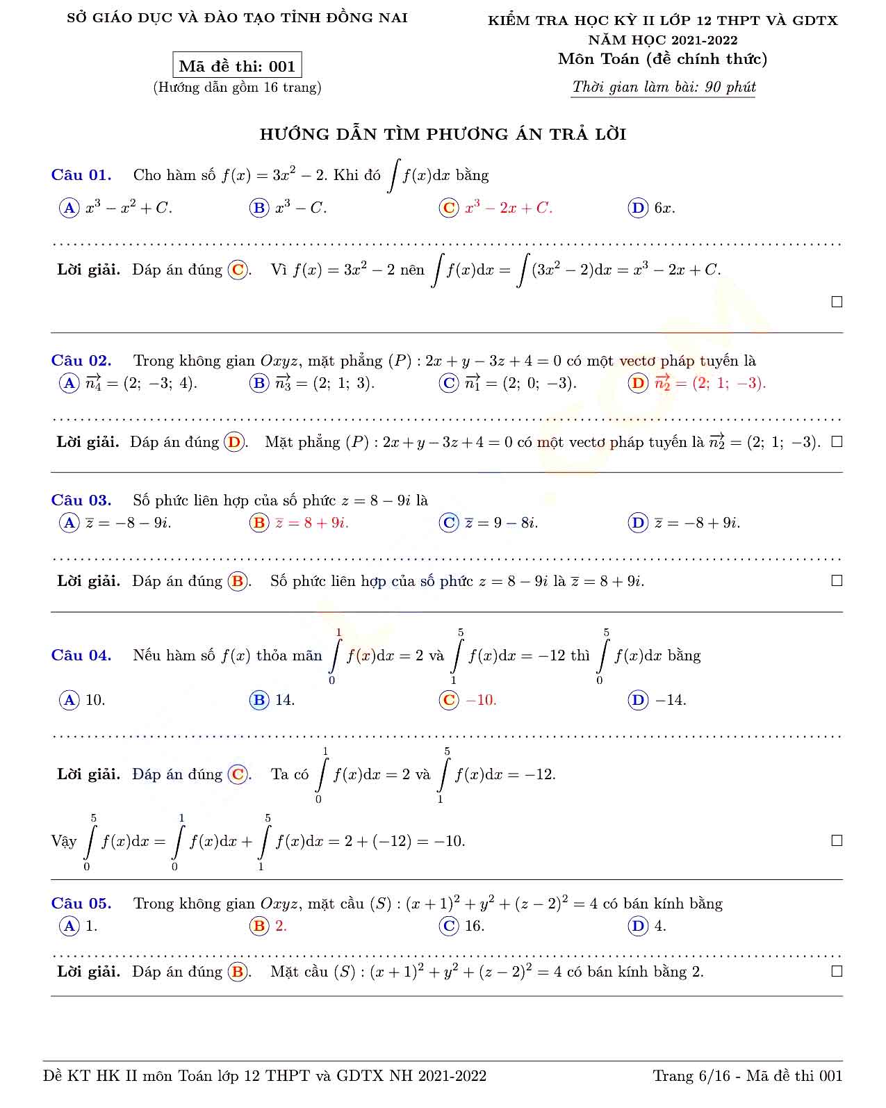 Đề thi học kì 2 Toán 12 Sở GD&ĐT Tỉnh Đồng Nai năm 2021 - 2022
