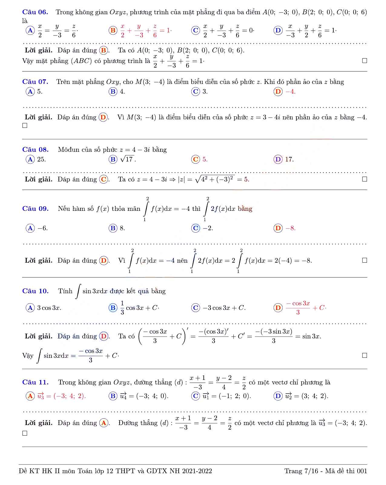 Đề thi học kì 2 Toán 12 Sở GD&ĐT Tỉnh Đồng Nai năm 2021 - 2022