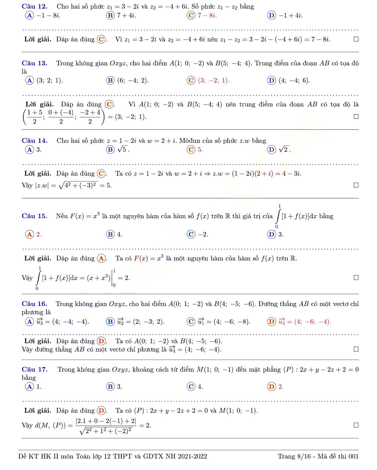 Đề thi học kì 2 Toán 12 Sở GD&ĐT Tỉnh Đồng Nai năm 2021 - 2022
