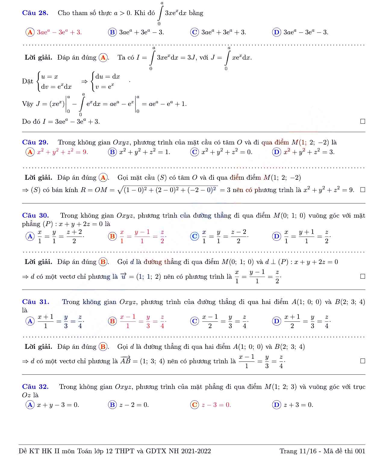 Đề thi học kì 2 Toán 12 Sở GD&ĐT Tỉnh Đồng Nai năm 2021 - 2022