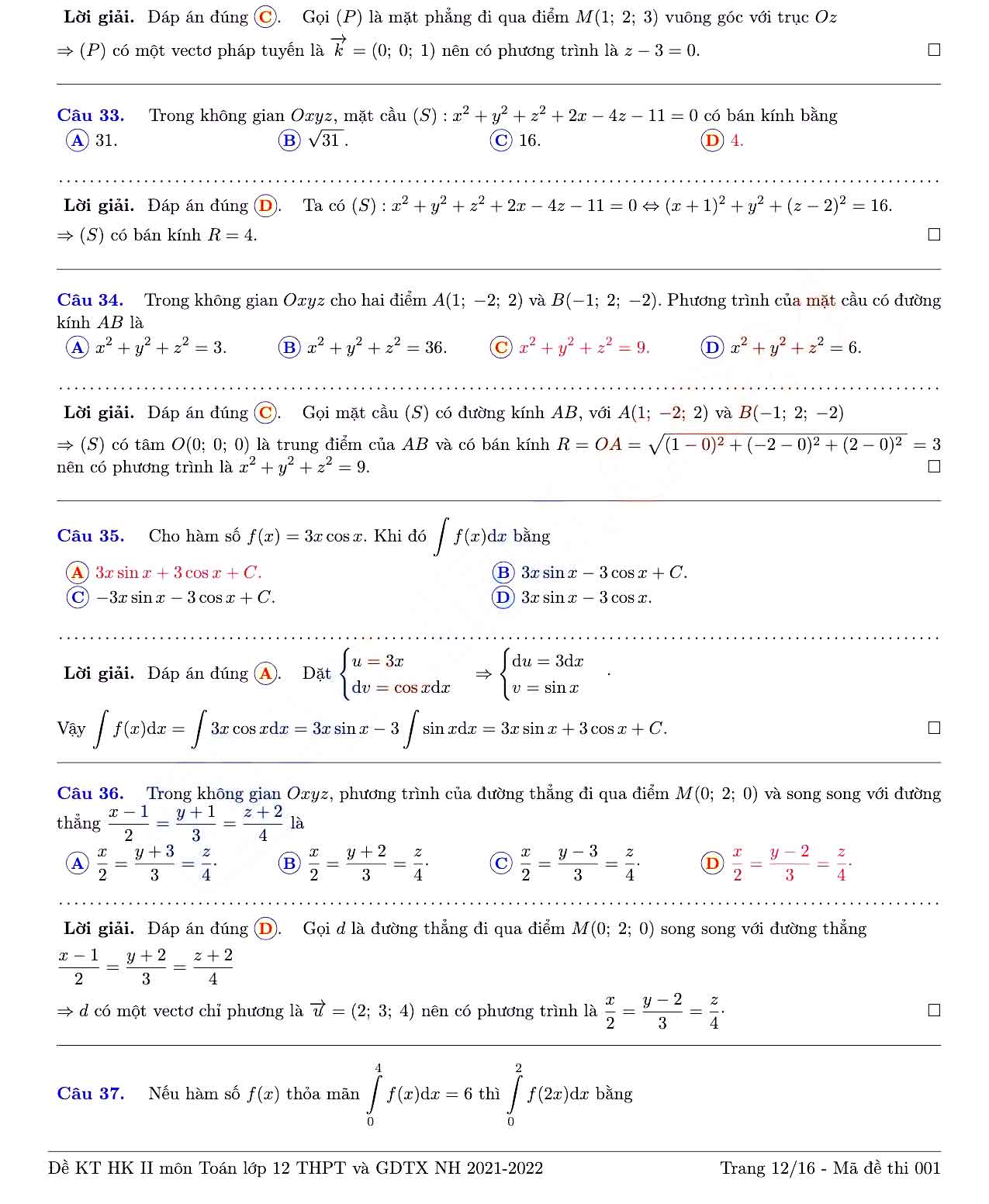 Đề thi học kì 2 Toán 12 Sở GD&ĐT Tỉnh Đồng Nai năm 2021 - 2022