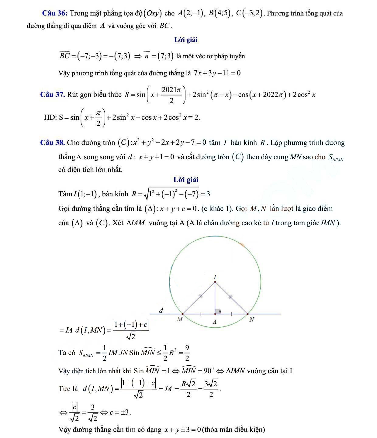 Đề thi học kì 2 Toán 10 Trường THPT Triệu Quang Phục - Hưng Yên năm 2021 - 2022