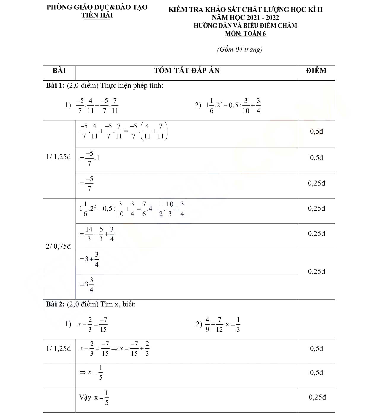 Đề thi học kì 2 Toán 6 Phòng GD&ĐT Tiền Hải - Thái Bình năm 2021 - 2022