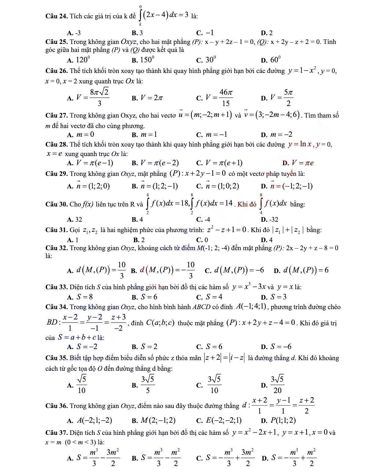 Đề thi học kì 2 Toán 12 Sở GD&ĐT Tỉnh Bình Dương năm 2021 - 2022