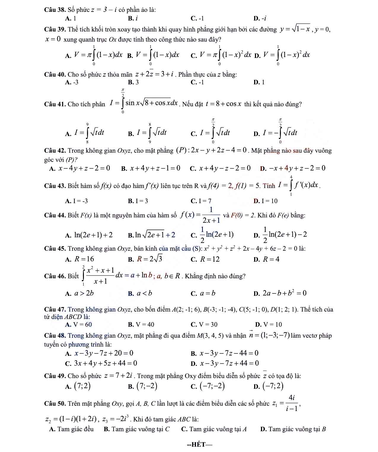 Đề thi học kì 2 Toán 12 Sở GD&ĐT Tỉnh Bình Dương năm 2021 - 2022