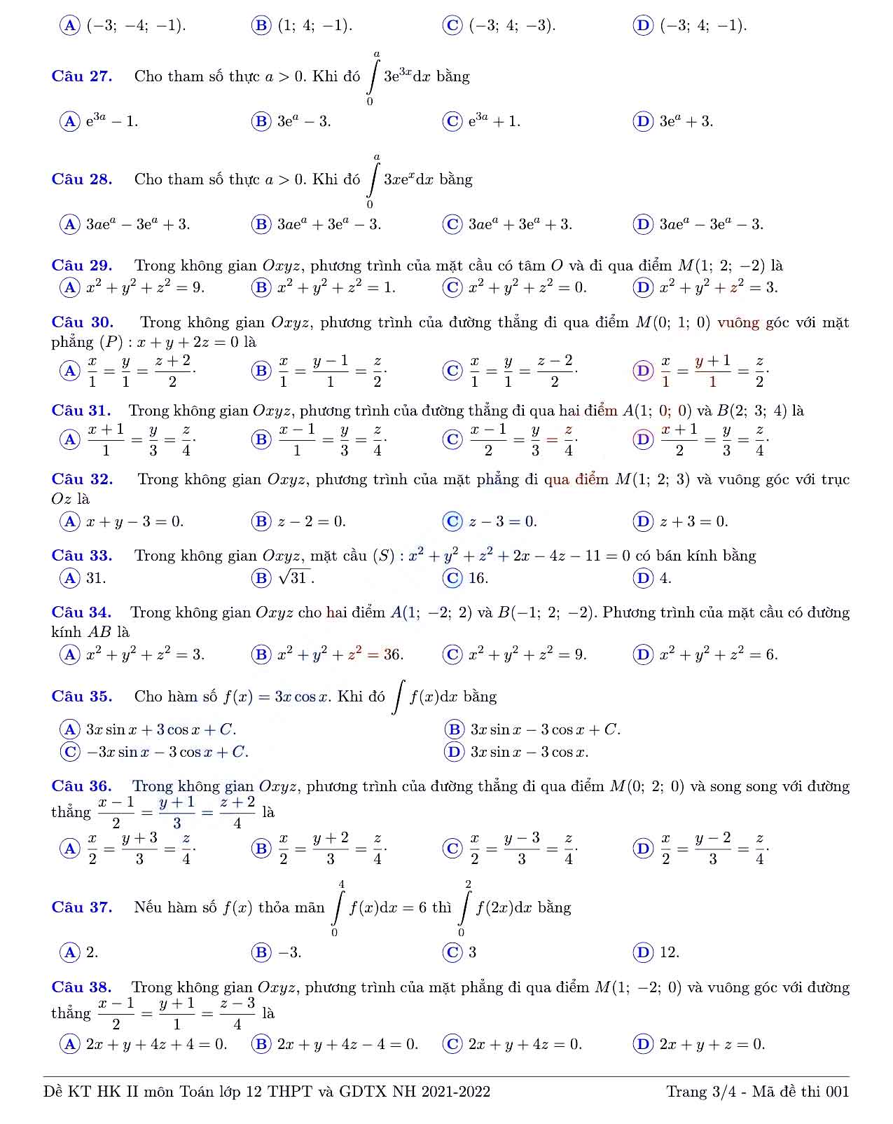 Đề thi học kì 2 Toán 12 Sở GD&ĐT Tỉnh Đồng Nai năm 2021 - 2022