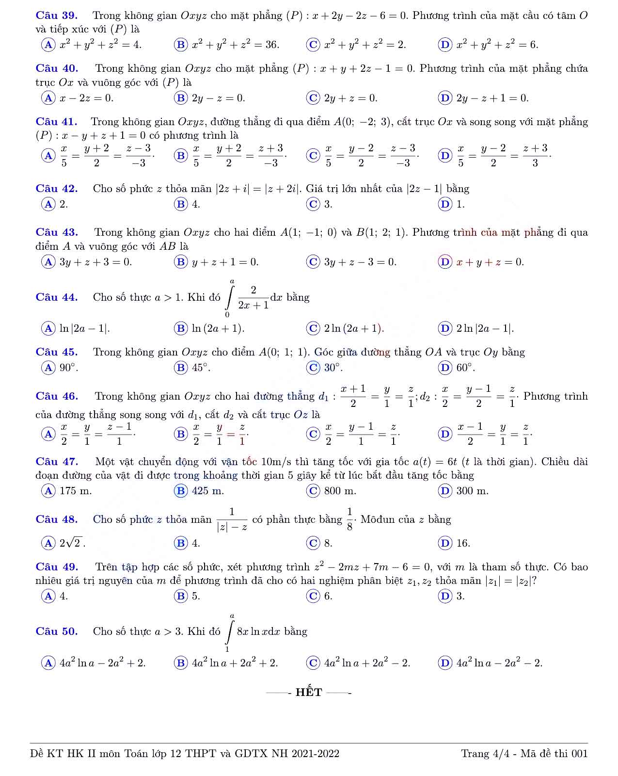 Đề thi học kì 2 Toán 12 Sở GD&ĐT Tỉnh Đồng Nai năm 2021 - 2022
