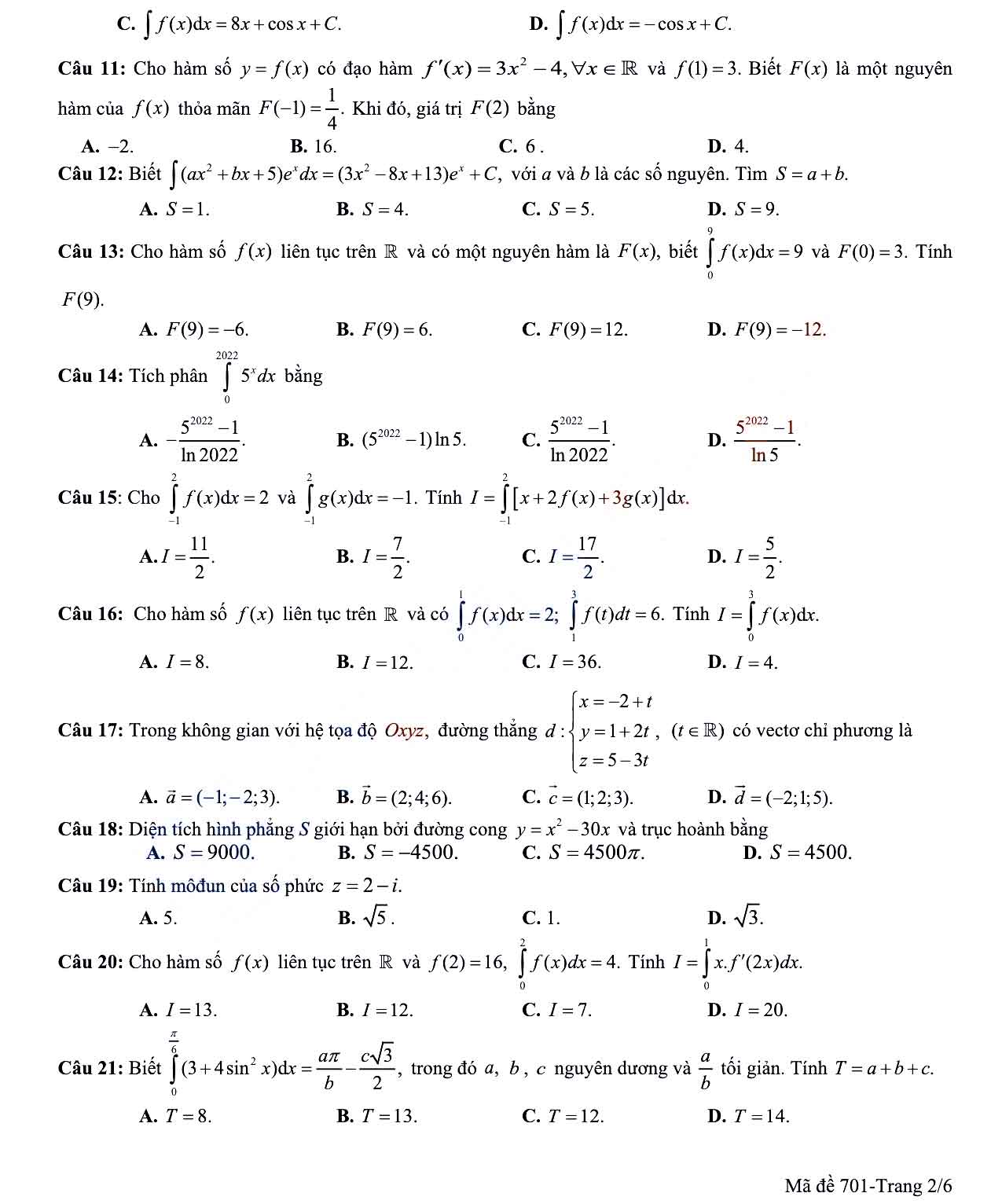 Đề thi học kì 2 Toán 12 Sở GD&ĐT Hậu Giang năm 2021 - 2022